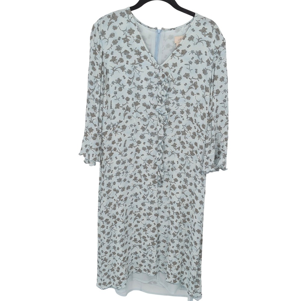 J.Jill Floral V-Neck Midi Dress Women 12 Blue Ruffle 3/4 Sleeve‎ Office Summer